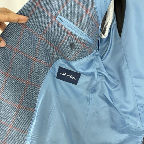 Paul Fredrick Linen Blazer Sport Coat Mens Size 43R Blue Plaid Jacket - Picture 10 of 16